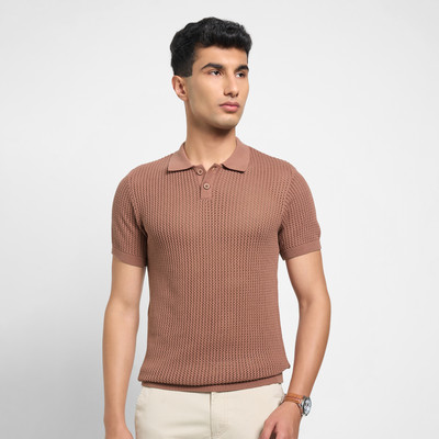 Peregrine by Pantaloons Self Design Men Round Neck Brown T-Shirt