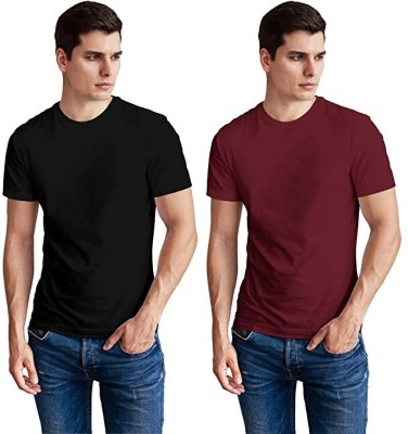 Now Try IT Solid Men Round Neck Black, Maroon T-Shirt