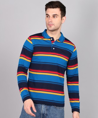 INKKR Striped Men Polo Neck Navy Blue T-Shirt