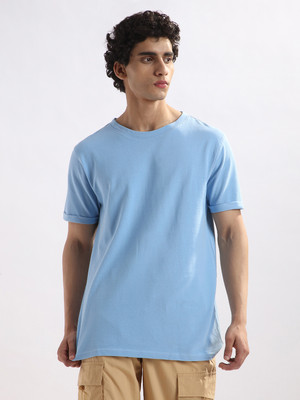 NOBERO Solid Men Round Neck Light Blue T-Shirt