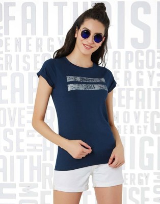 METRONAUT Printed Women Round Neck Dark Blue T-Shirt