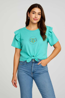 Masterji Garments Printed Women Round Neck Light Blue T-Shirt