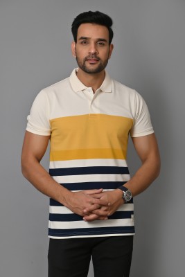 Arbour Striped Men Polo Neck White T-Shirt