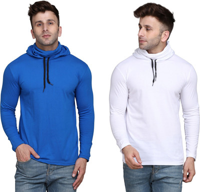 BEYOU FASHION Solid Men Hooded Neck White, Blue T-Shirt