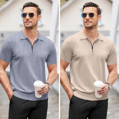 trueoath Self Design Men Polo Neck Grey, Beige T-Shirt