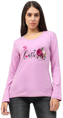 Vylo Printed Women Round Neck Purple T-Shirt