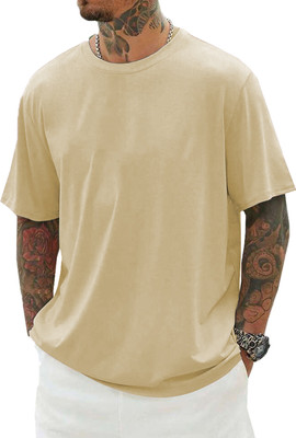 DISINVENT Solid Men Round Neck Beige T-Shirt