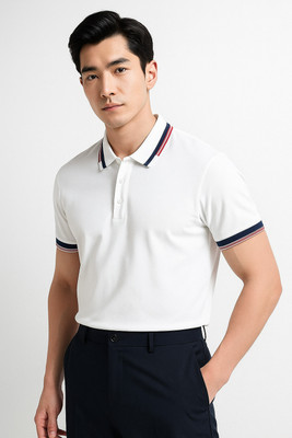 Kesar Collection Solid, Self Design, Sporty Men Polo Neck White T-Shirt