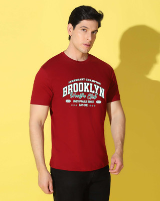 WOOSTRO Printed Men Round Neck Maroon T-Shirt