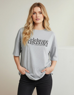 SZN Typography Women Round Neck Reversible Grey T-Shirt
