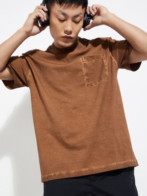 MAX Printed Men Round Neck Brown T-Shirt