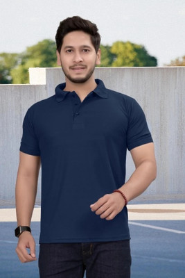 ShreeRangam Self Design Men Polo Neck Navy Blue T-Shirt
