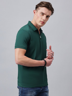 98 Degree North Solid Men Polo Neck Dark Green T-Shirt
