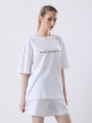 TheBTclub Printed Women Round Neck White T-Shirt