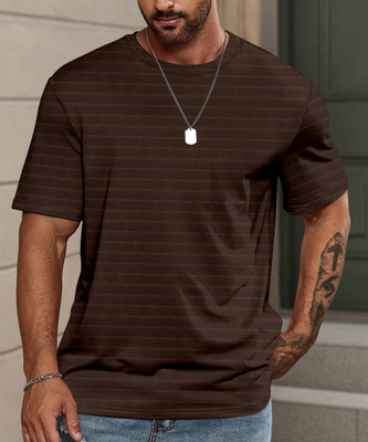 METRONAUT Striped Men Round Neck Brown T-Shirt