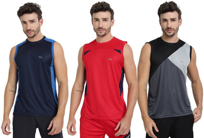 FTX Colorblock Men Round Neck Dark Blue, Red, Grey T-Shirt