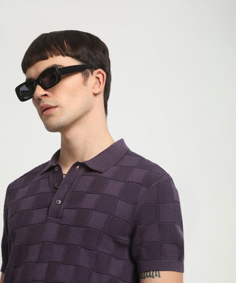 THE BEAR HOUSE Checkered Men Polo Neck Maroon T-Shirt
