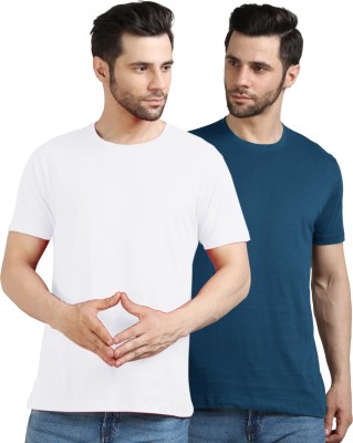 YouthPoi Solid Men Round Neck Blue, White T-Shirt