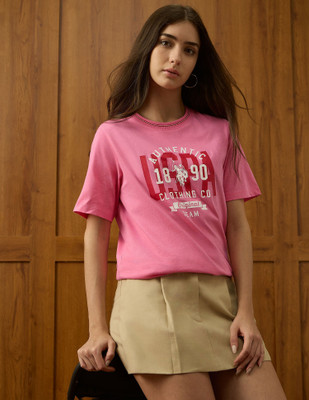 U.S. POLO ASSN. Printed Women Crew Neck Pink T-Shirt