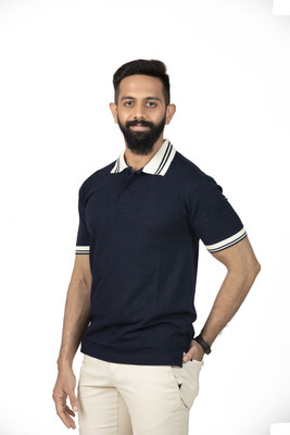 Lynx Solid Men Polo Neck Navy Blue T-Shirt