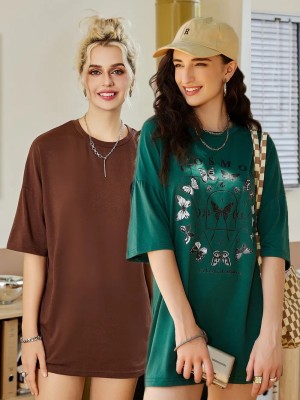 Christy World Printed Women Round Neck Green, Maroon T-Shirt