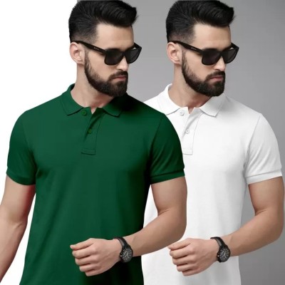 balker merka Solid Men Polo Neck Dark Green, White T-Shirt