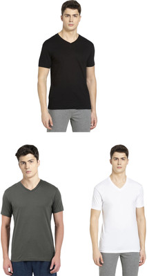 JOCKEY Solid Men V Neck Black, Dark Green, White T-Shirt