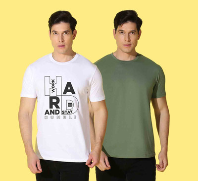 WOOSTRO Printed, Solid Men Crew Neck White, Green T-Shirt
