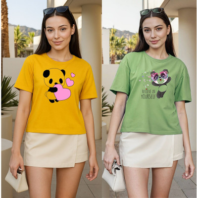 Herway Printed Women Round Neck Yellow, Green T-Shirt