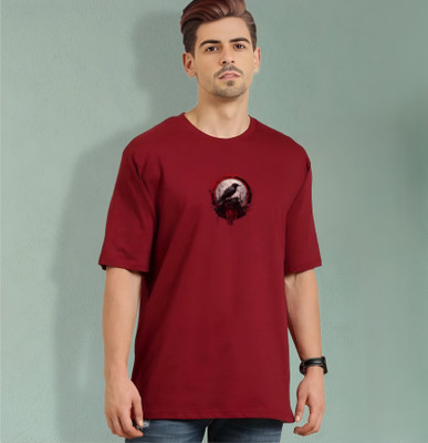 HouseOfCommon Printed Men Round Neck Maroon T-Shirt