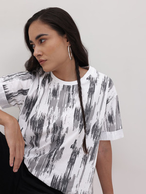 Roadster Printed Women Round Neck White, Grey T-Shirt