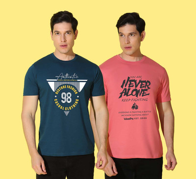 WOOSTRO Printed Men Round Neck Blue, Pink T-Shirt
