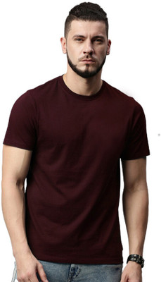 LazyChunks Solid Men Round Neck Maroon T-Shirt
