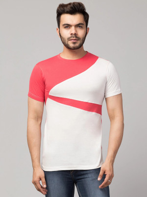 Clothy Trend Colorblock Men Round Neck Pink, White T-Shirt