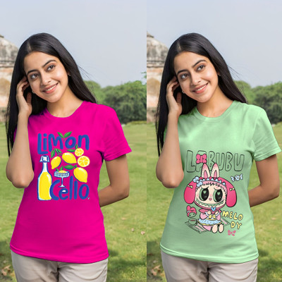 Kintu Parantu Printed Women Round Neck Pink, Green T-Shirt