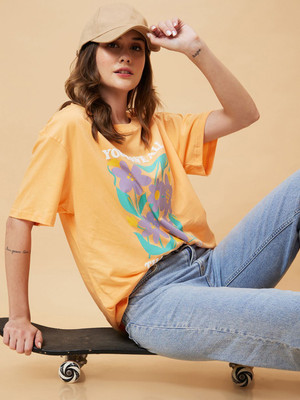 Globus Printed Women Round Neck Orange T-Shirt