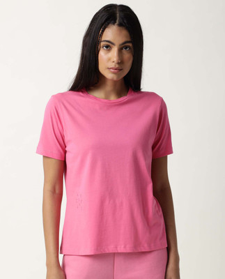 RAREISM Solid Women Round Neck Pink T-Shirt