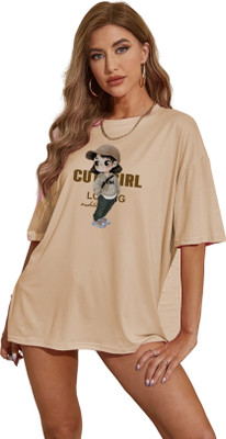Adam White Graphic Print Women Round Neck Beige T-Shirt