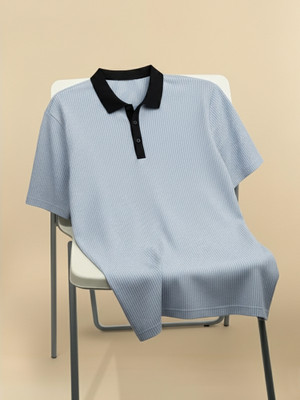 Jump Cuts Striped Men Polo Neck Grey T-Shirt