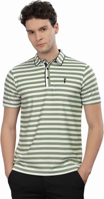 Stellers Striped Men Polo Neck Green T-Shirt