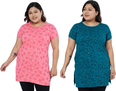 Star Touch Printed Women Round Neck Pink, Green T-Shirt