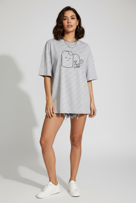 Calm Down Graphic Print Women Round Neck Grey T-Shirt