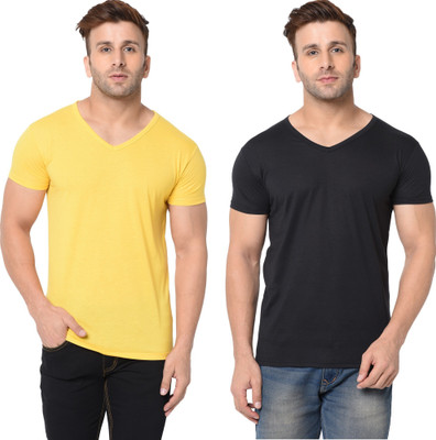 Tresna Trending Solid Men V Neck Black, Yellow T-Shirt