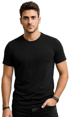 SHIMPEX Solid Men Round Neck Black T-Shirt