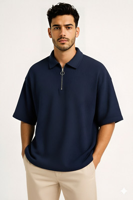 PeakLevel Solid Men Zip Neck Navy Blue T-Shirt