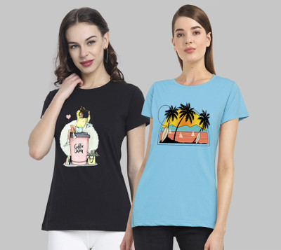 CHOZI Printed Women Round Neck Black, Light Blue T-Shirt
