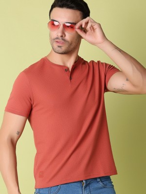 V-MART Solid Men Henley Neck Brown T-Shirt