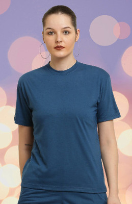 elegance redefined Solid Women Round Neck Light Blue T-Shirt