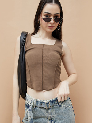 Ginger by Lifestyle Solid Women Square Neck Brown T-Shirt