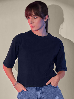DIMPY GARMENTS Solid Women Round Neck Dark Blue T-Shirt